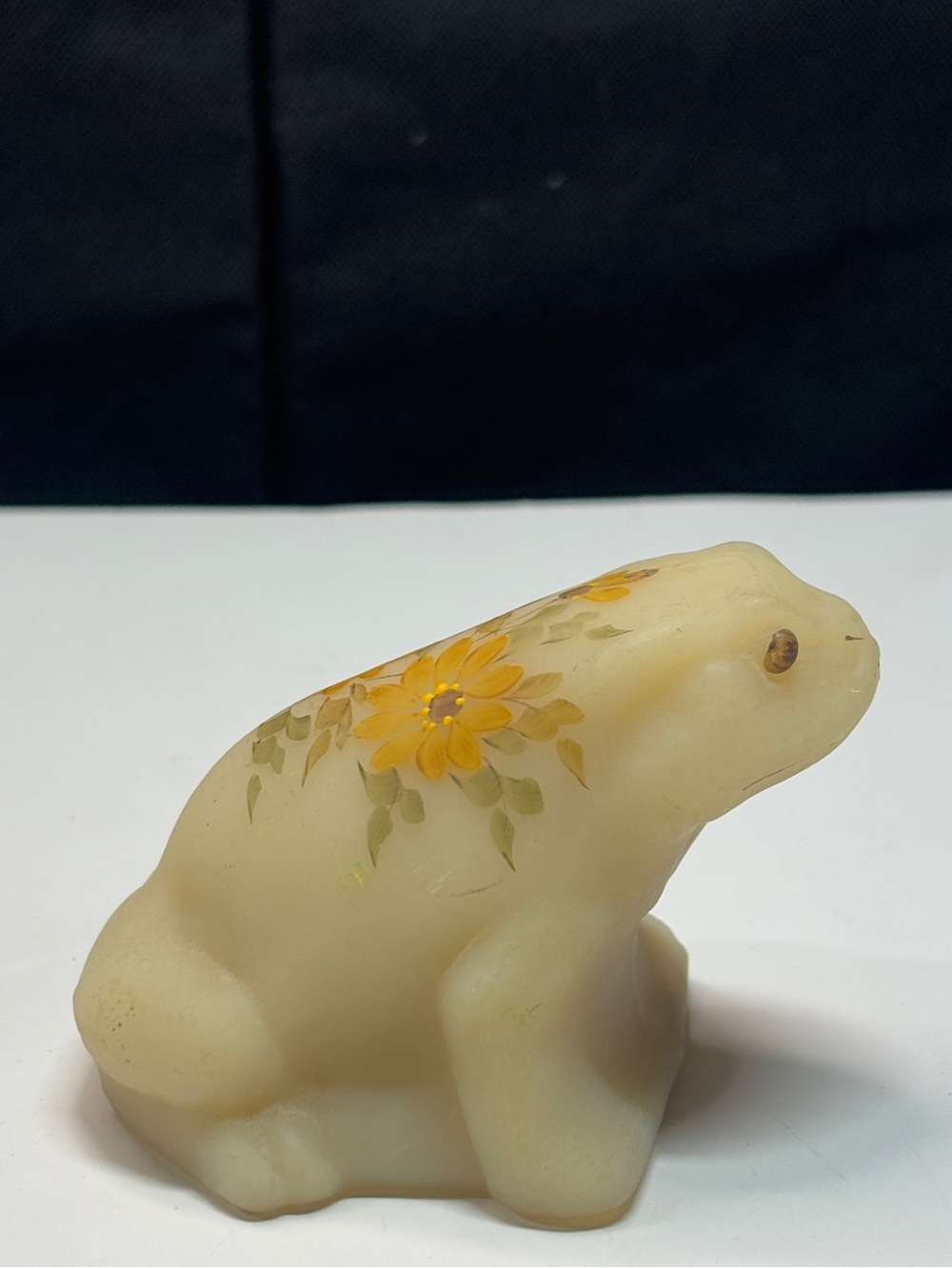 Fenton Custard Glass Frog Figurine Hand Painted Flowers Signed